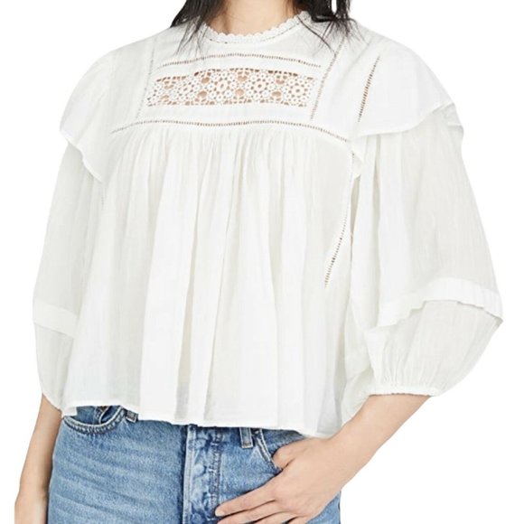 Free People Tops - Free People Ivory Laura Ruffle Embroidered  Blouse Size X-Small